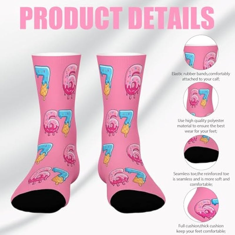 Funny Number Meme Socks, Ice Cream Six Seven Meme Crew Socks, Casual Wear Novelty Socks For Teenagers And Young Adults, Pink And Blue Two-Pack - Image 4